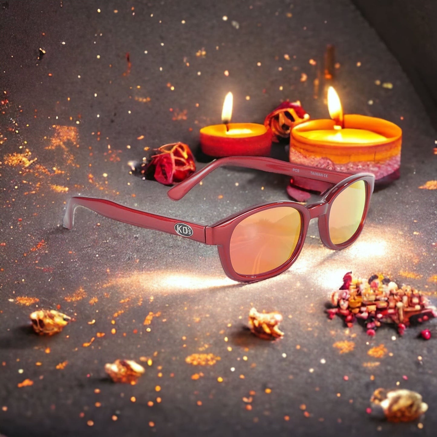KD's 20124 sunglasses that fit under a motorcycle or ski helmet. For bikers and sportsmen. With a red metallic frame and red mirror lenses