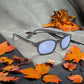 The X-KD's 10012 large sunglasses with blue polycarbonate lenses and a matte black frame exposed on a pavement filled with autumn leaves.