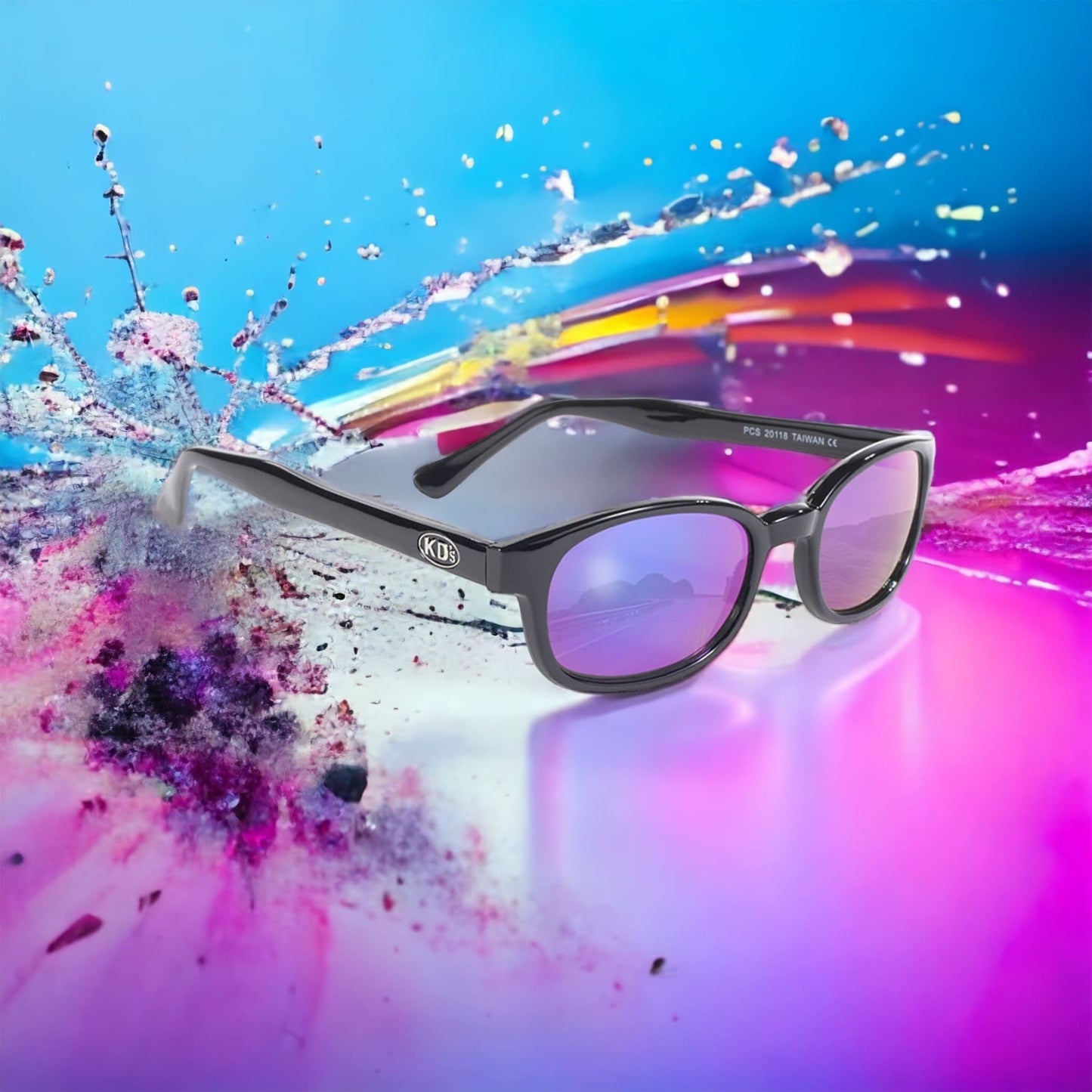 KD's 20118 sunglasses that fit under a motorcycle or ski helmet. With a classic black frame and iridescent mirror lenses in an explosion of colors.