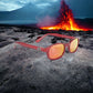X-KD's 10124 large sunglasses for outdoor activities with a durable red metallic frame and red polycarbonate mirror lenses set in the ashes of a volcano.